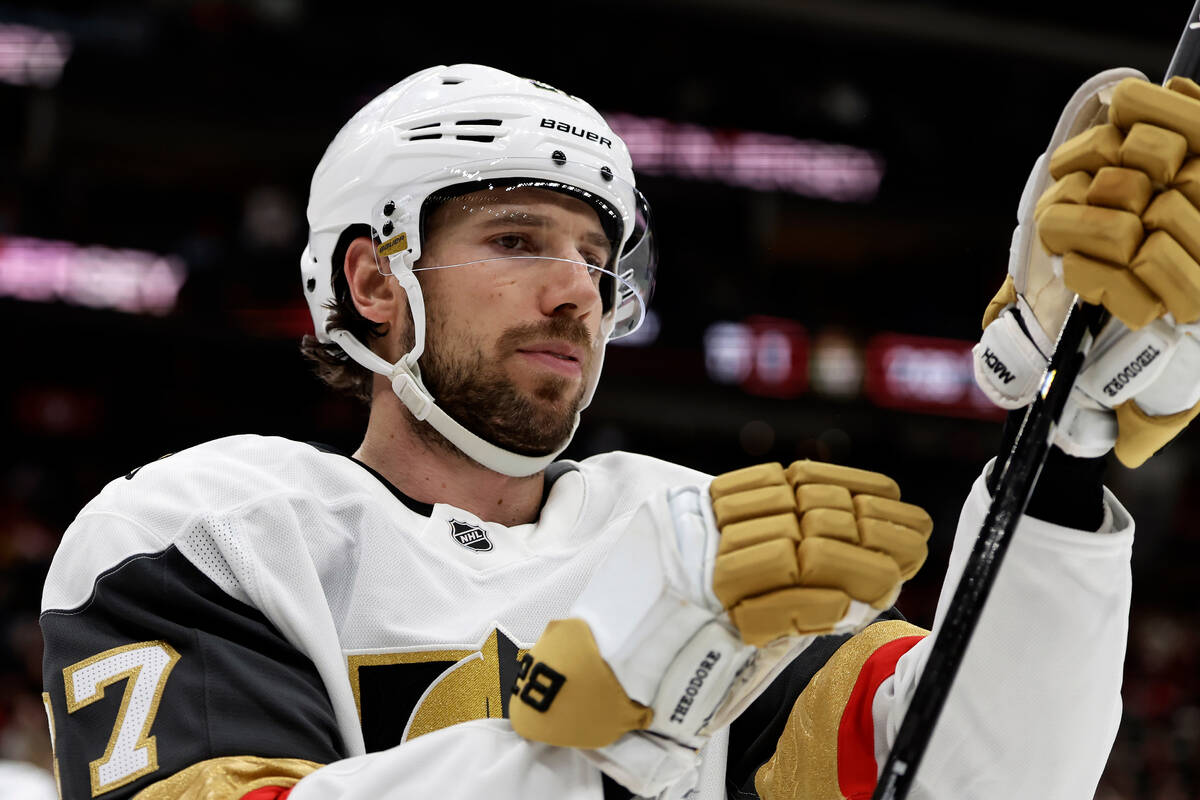 Vegas Golden Knights defenseman Shea Theodore (27) reacts during the second period of an NHL ho ...