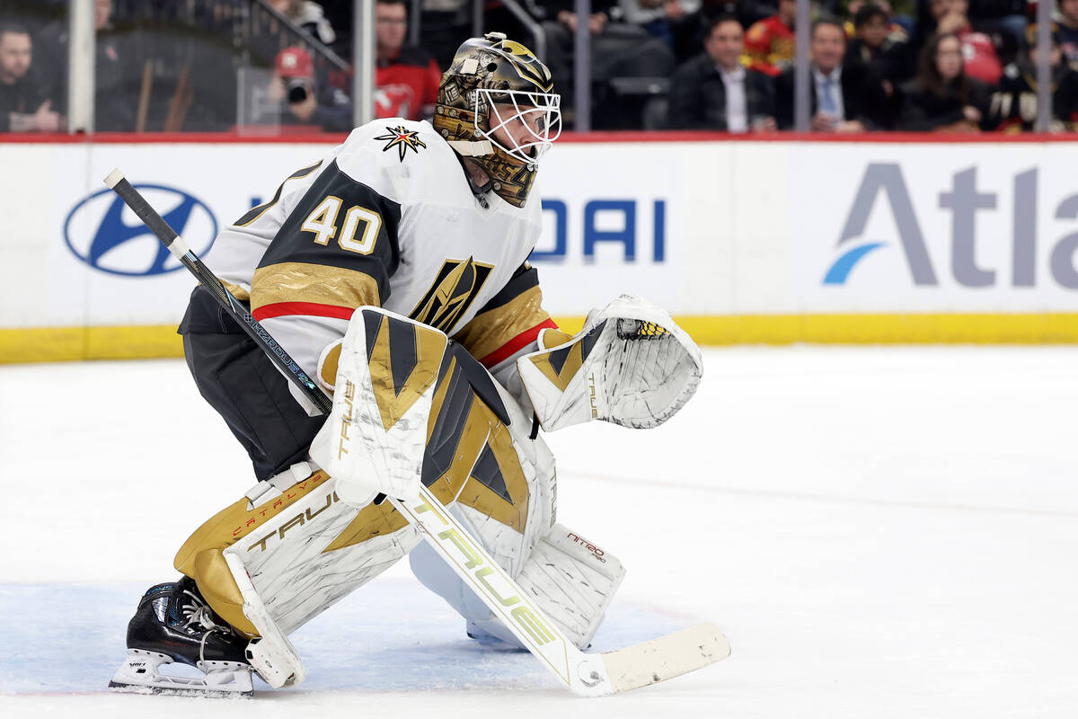 Vegas Golden Knights goaltender Akira Schmid (40) defends his net during the second period of a ...