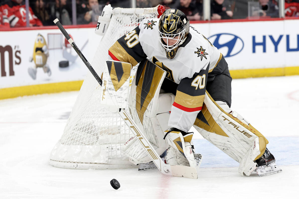 Vegas Golden Knights goaltender Akira Schmid (40) during the second period of an NHL hockey gam ...