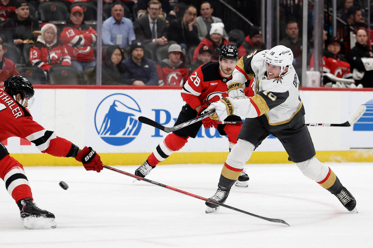 Vegas Golden Knights right wing Pavel Dorofeyev (16) shoots the puck during the first period of ...