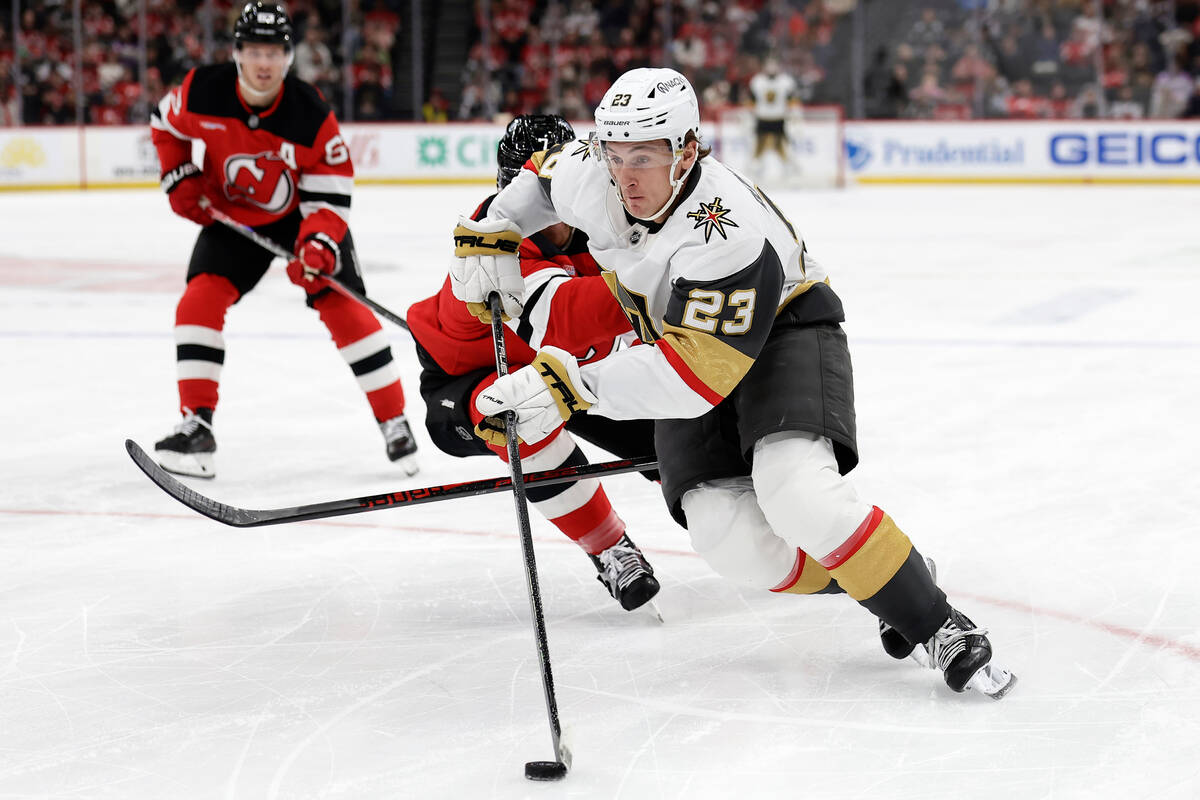 Vegas Golden Knights left wing Cole Reinhardt controls the puck during the first period of an N ...