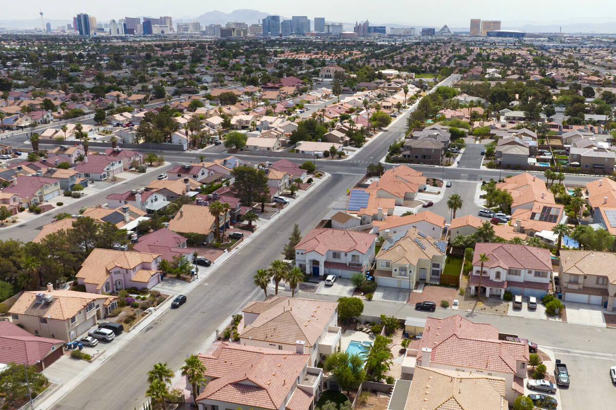 An aerial photo shows homes near Buffalo Drive, on Thursday, June 15, 2023, in Las Vegas. (Bizu ...