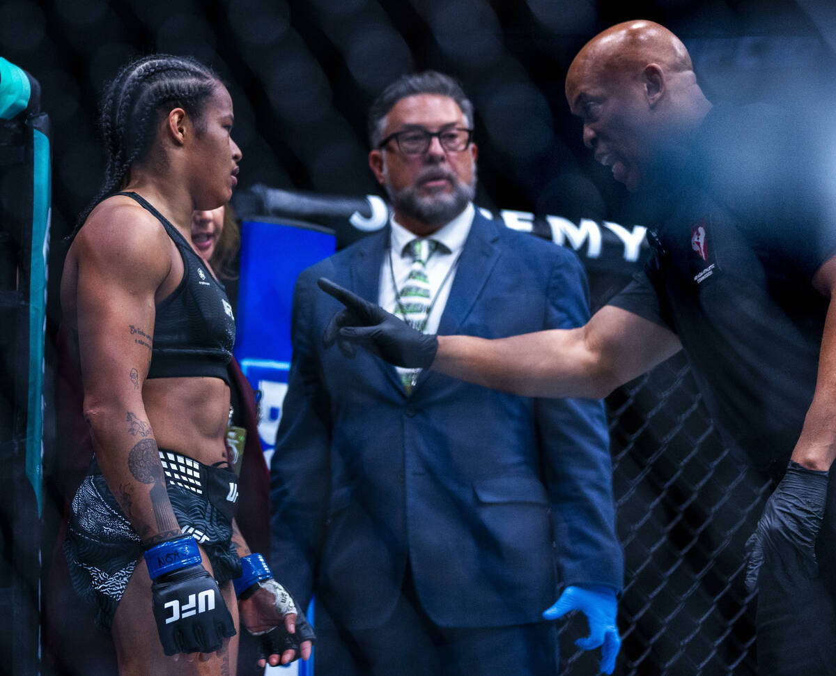 Karine Silva is cautioned for an illegal kick on Maycee Barber during their women’s flyw ...