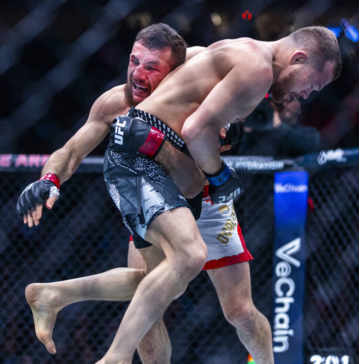 Merab Dvalishvili lifts up Petr Yan to toss him to the canvas during their bantamweight title f ...