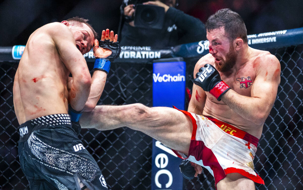 Petr Yan takes a kick to the side from Merab Dvalishvili during their bantamweight title fight ...