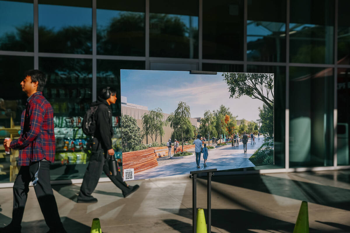A rendering of the future UNLV Healing Garden stands on display during a memorial event commemo ...