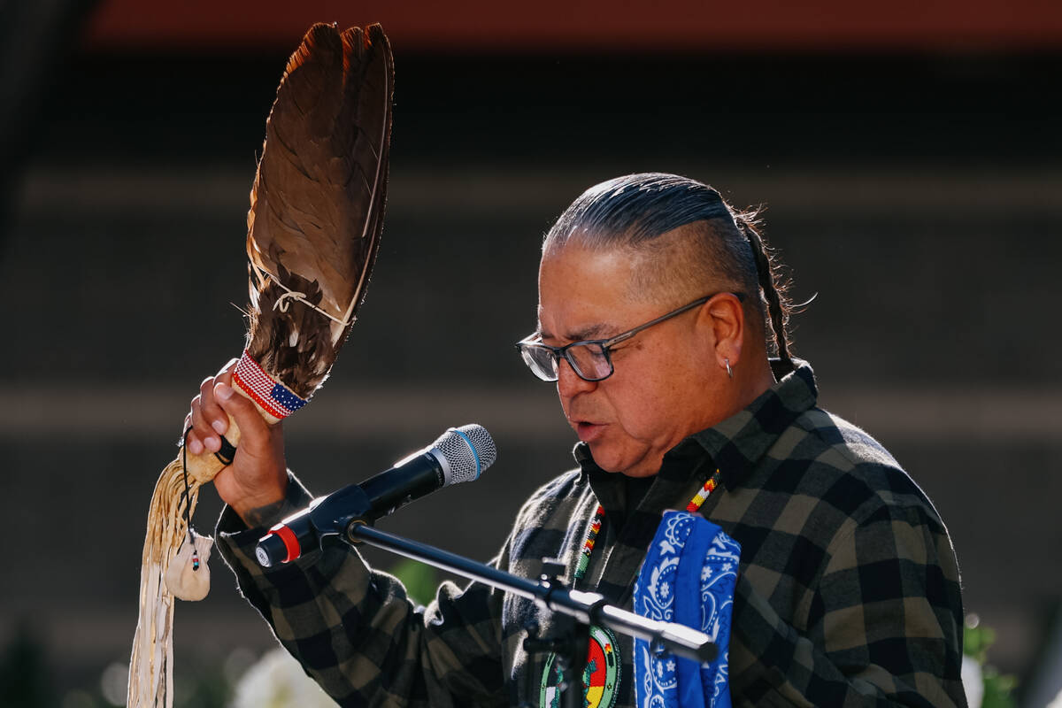 Chris Spotted Eagle, vice chairman of the Las Vegas Paiute Tribe and local spiritual leader, pr ...