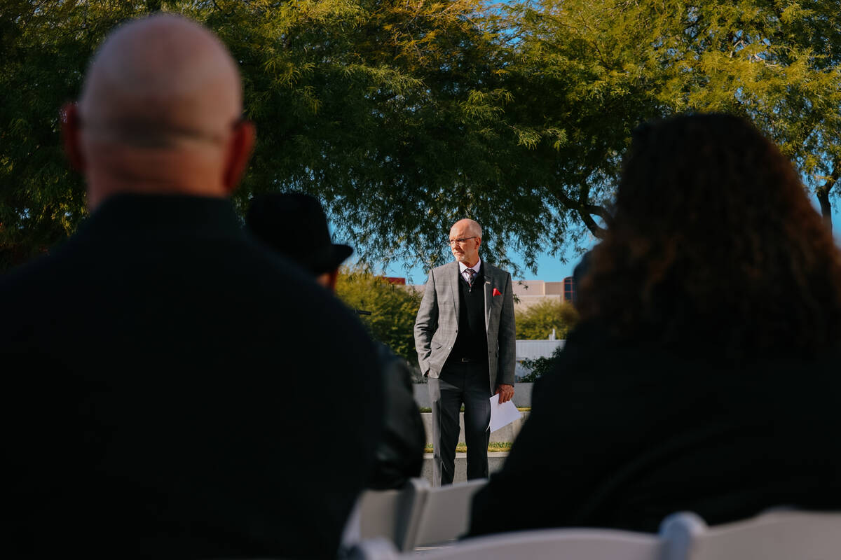 UNLV Interim President Chris Heavey stands in front of the crowd before providing remarks durin ...