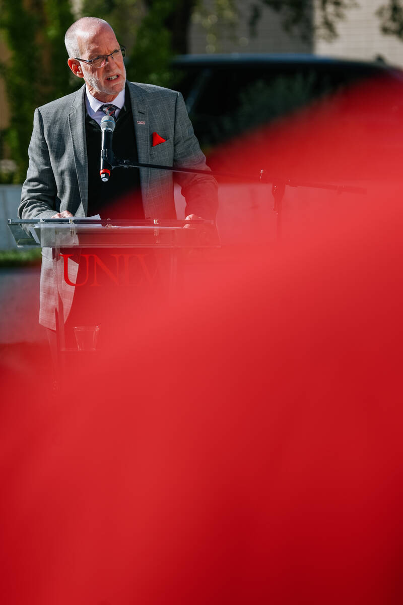 UNLV Interim President Chris Heavey speaks during a memorial event commemorating the 2023 UNLV ...