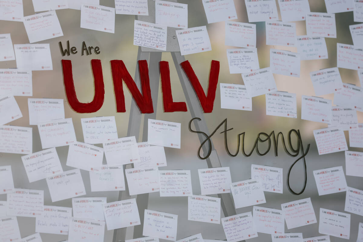 An art piece sits on display during a memorial event commemorating the 2023 UNLV shooting on Sa ...