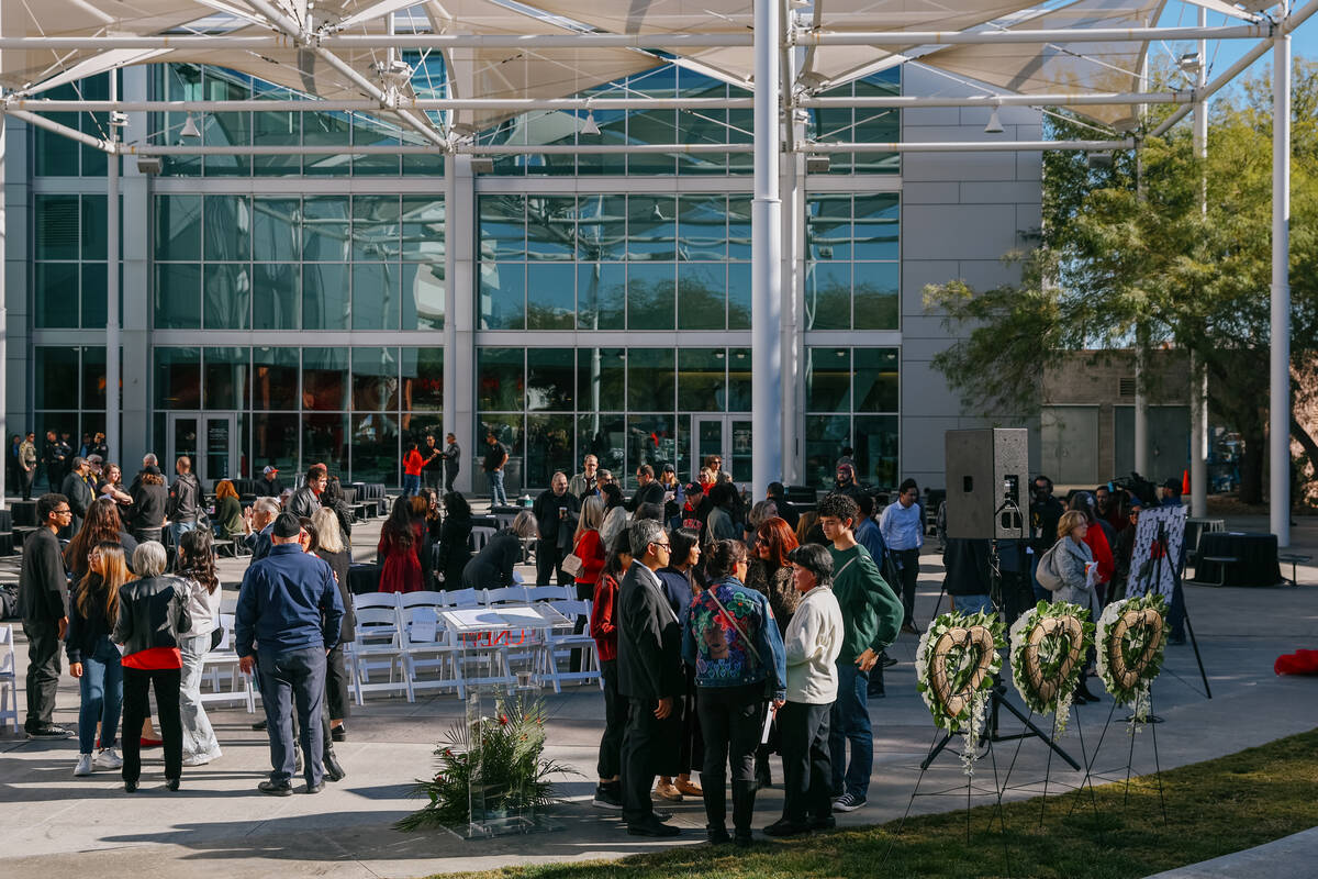 UNLV community members mingle after a memorial event commemorating the 2023 UNLV shooting on Sa ...