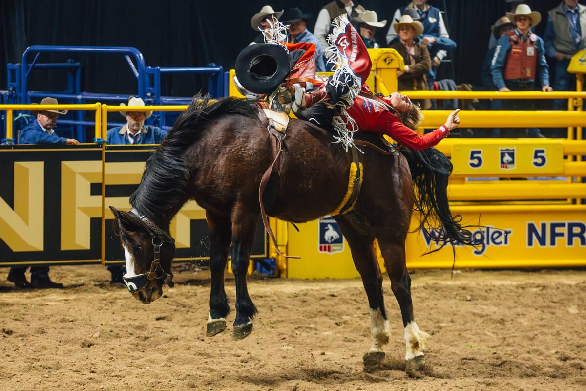 Rocker Steiner rides Tequila Queen on day four of the National Finals Rodeo at the Thomas & ...