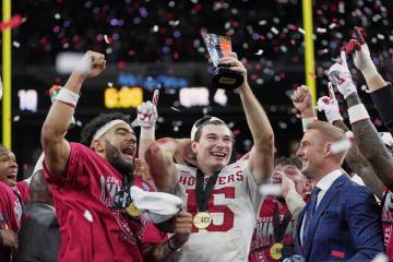 Indiana's Fernando Mendoza celebrates after the Big Ten championship NCAA college football ...