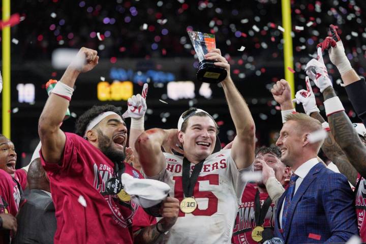 Indiana's Fernando Mendoza celebrates after the Big Ten championship NCAA college football ...