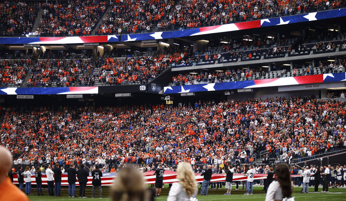 Denver Broncos fans fill the stands before the start of an NFL game against the Raiders at Alle ...