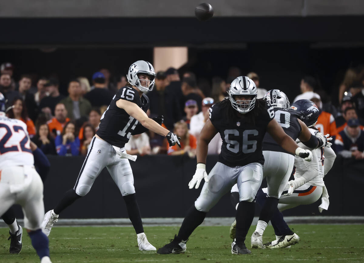 Raiders quarterback Kenny Pickett (15) throws a pass during the second half of an NFL game agai ...