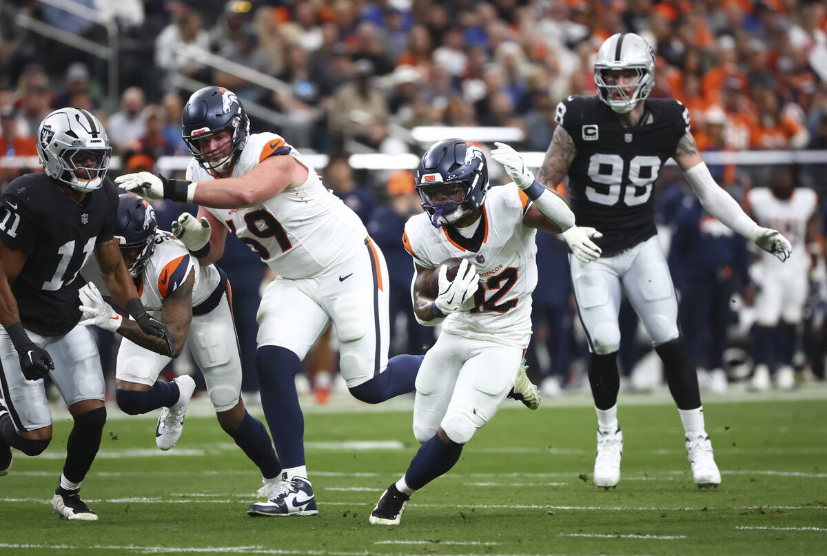 Denver Broncos running back RJ Harvey (12) runs the ball against the Raiders during the first h ...