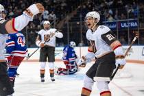 Vegas Golden Knights center Brett Howden (21) celebrates an early-period goal against the New Y ...