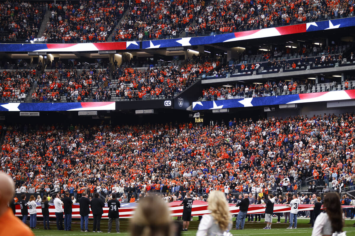 Denver Broncos fans fill the stands before the start of an NFL game against the Raiders at Alle ...