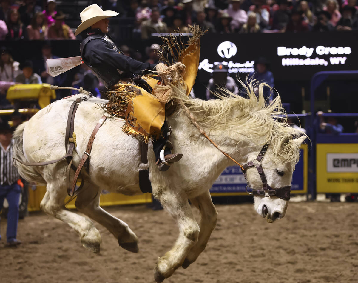Brody Cress rides Virgil while competing in saddle bronc riding during the fifth go-round of th ...
