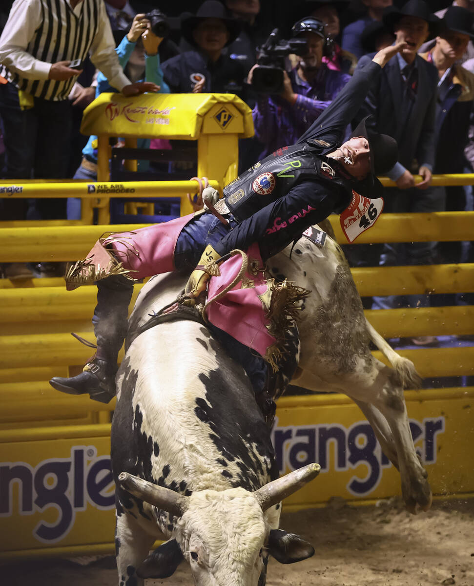 JR Stratford rides Deal Me In while competing in bull riding during the fifth go-round of the N ...