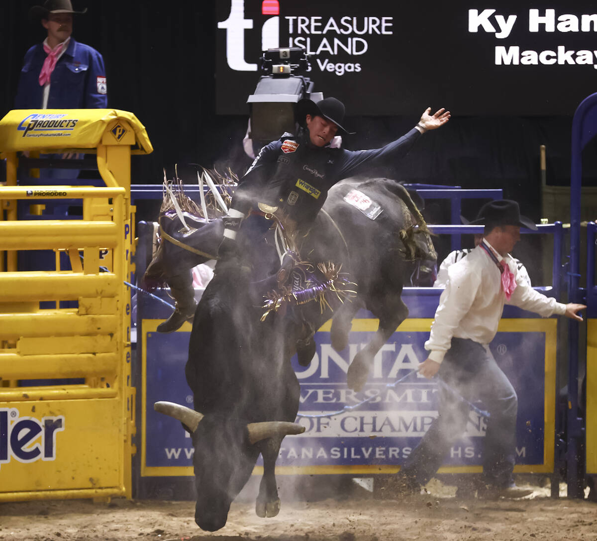 Ky Hamilton rides Kingdom while competing in bull riding during the fifth go-round of the Natio ...