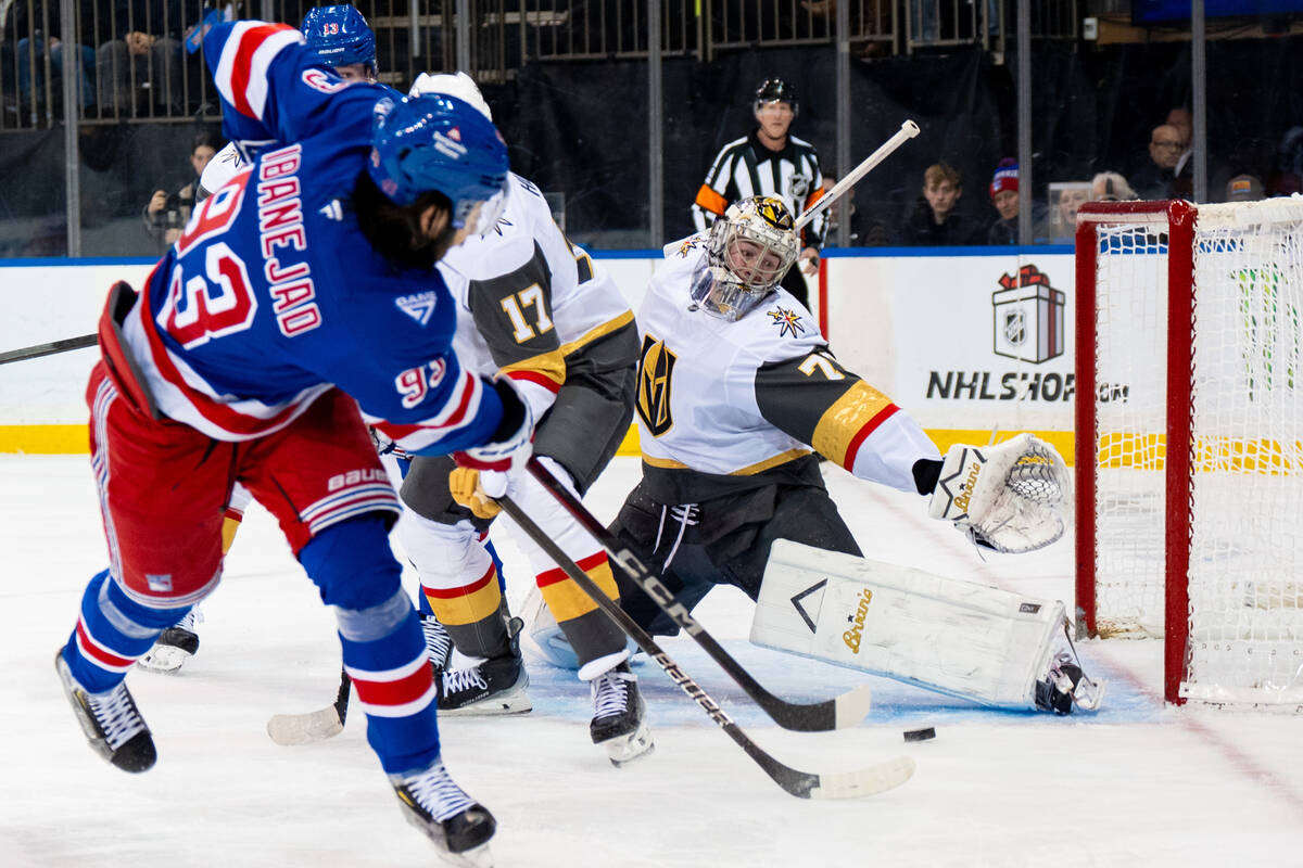 New York Rangers center Mika Zibanejad (93) shoots on goal during the second period of an NHL h ...