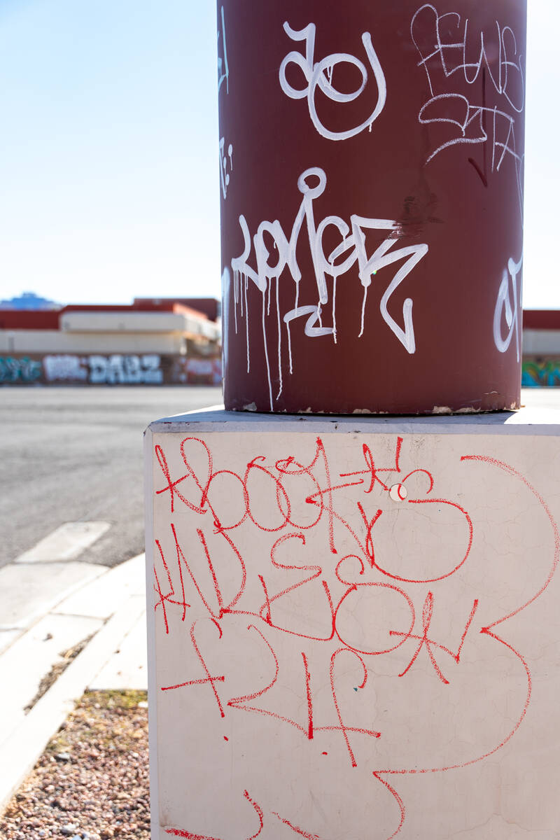 A vacant lot covered in graffiti sits along Spring Mountain Road between Wynn Road and Valley V ...