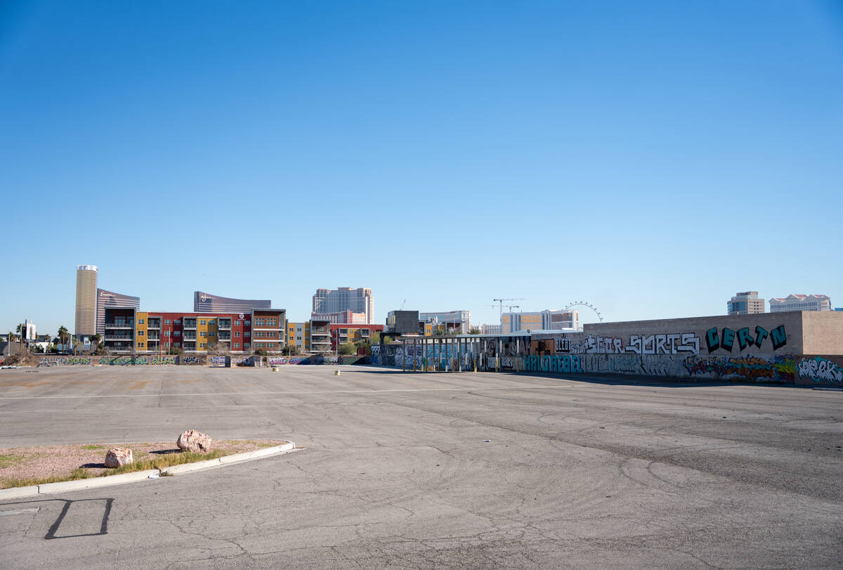 A vacant lot covered in graffiti sits along Spring Mountain Road between Wynn Road and Valley V ...