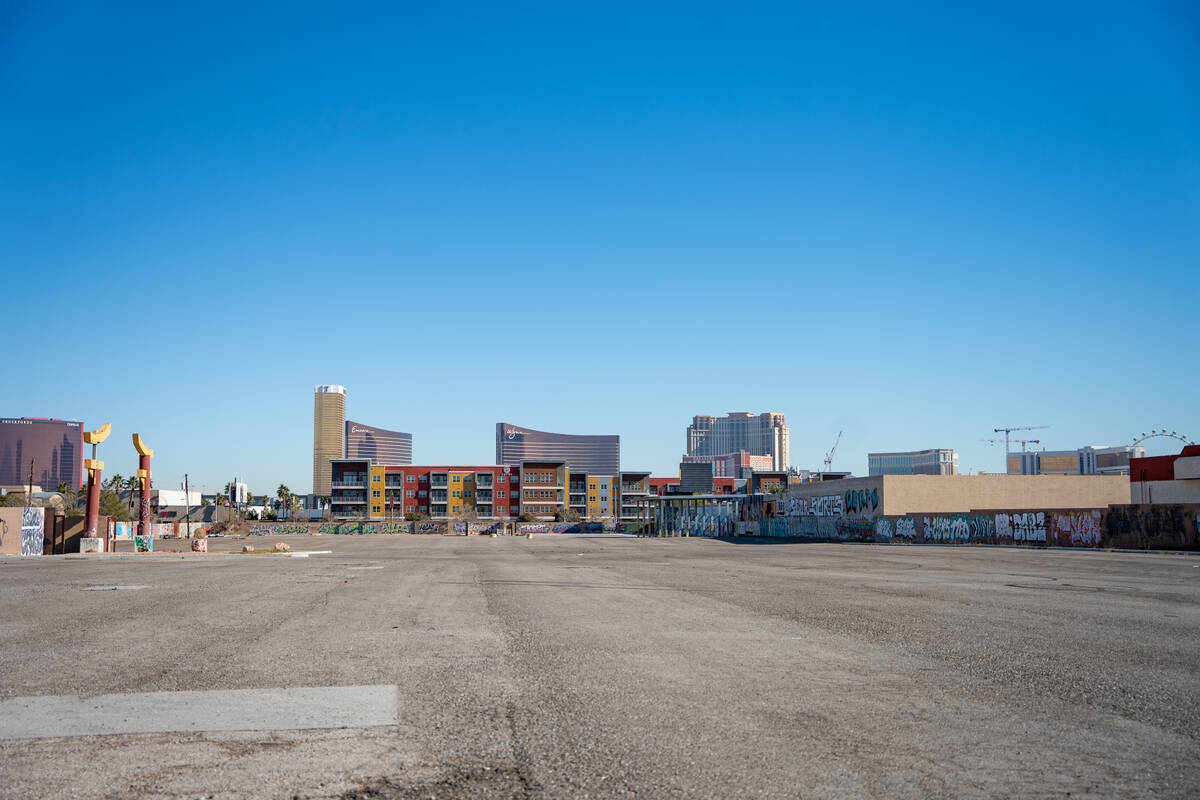 A vacant lot covered in graffiti sits along Spring Mountain Road between Wynn Road and Valley V ...