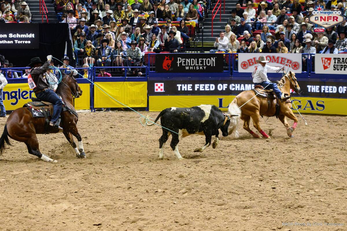 Jonathan Torres, left, and Kolton Schmidt successfully catch their steer in Saturday night's th ...