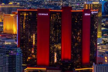Resorts World Las Vegas is seen from the observation deck atop The Strat on Wednesday, April 16 ...