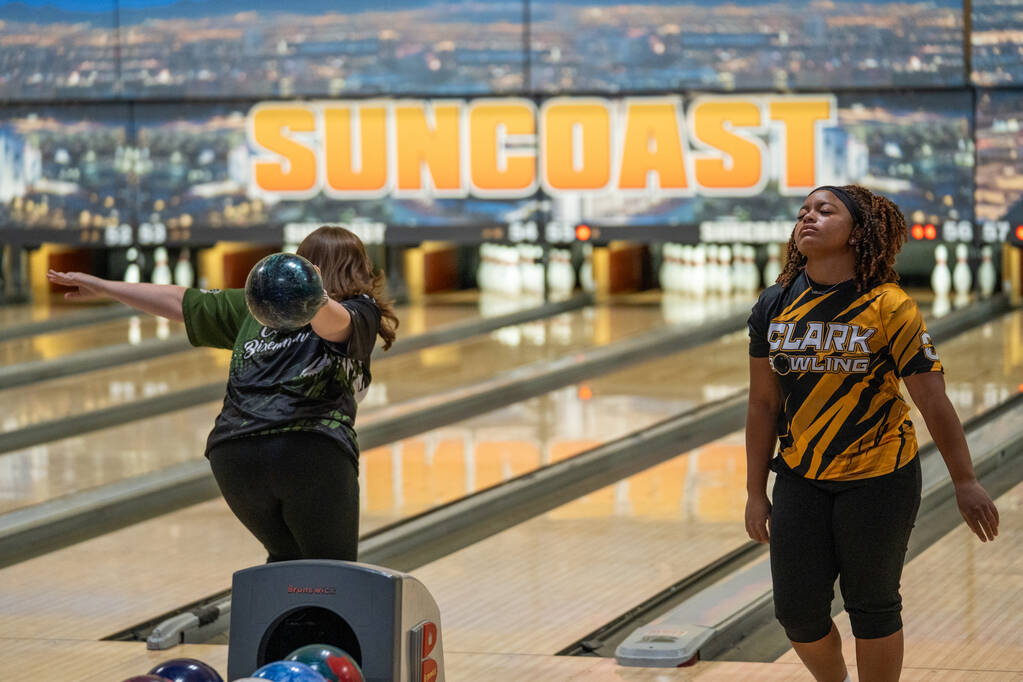 Clark’s Alliah Jordan reacts after a play during a 5A bowling match against Palo Verde a ...