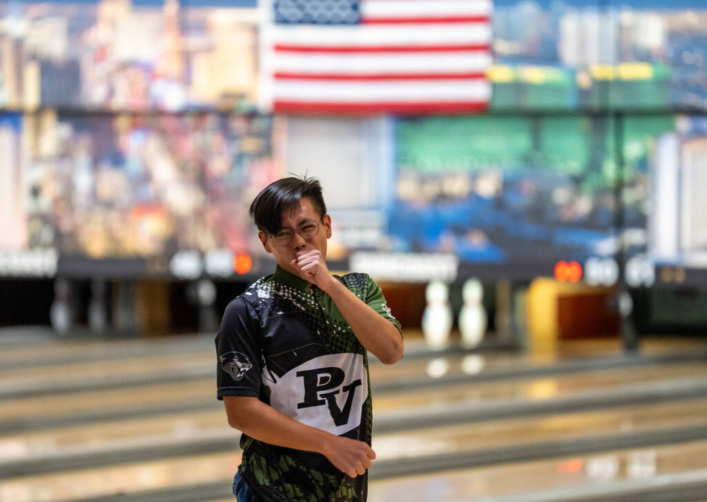 Palo Verde’s Ryce Del Rosario reacts after his turn during a 5A bowling match against Cl ...