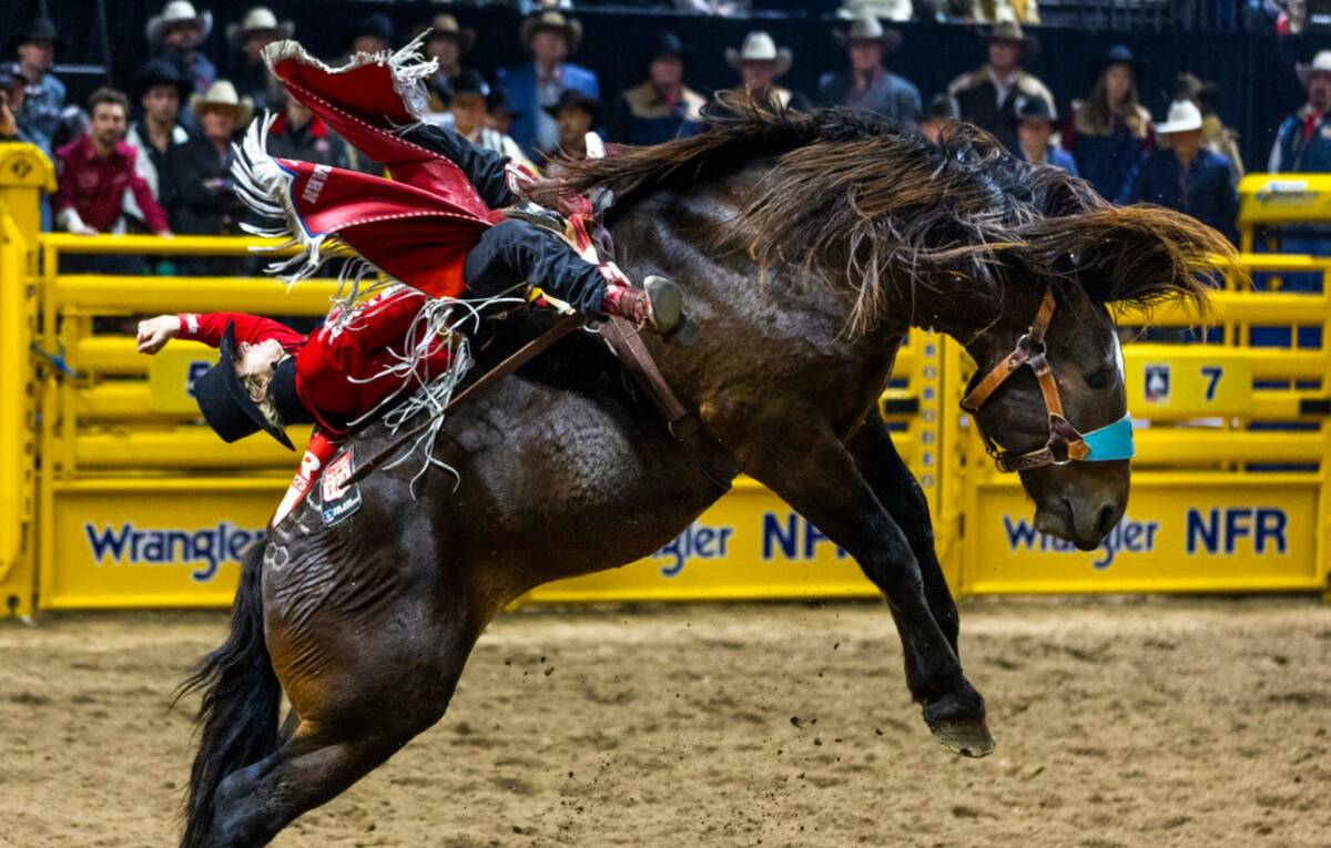 Rocker Steiner rides Record Flight in Bareback Riding during Day 6 of National Finals Rodeo at ...