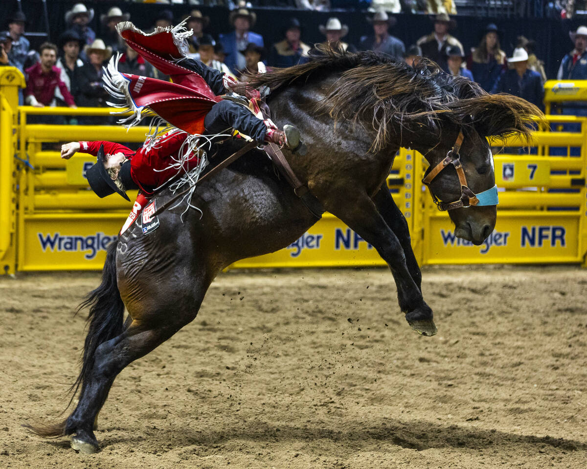 Rocker Steiner rides Record Flight in Bareback Riding during Day 6 of National Finals Rodeo at ...