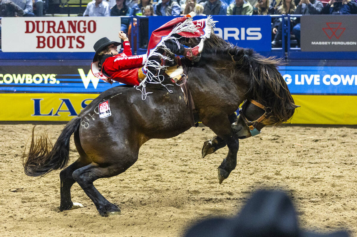Rocker Steiner rides Record Flight in Bareback Riding during Day 6 of National Finals Rodeo at ...