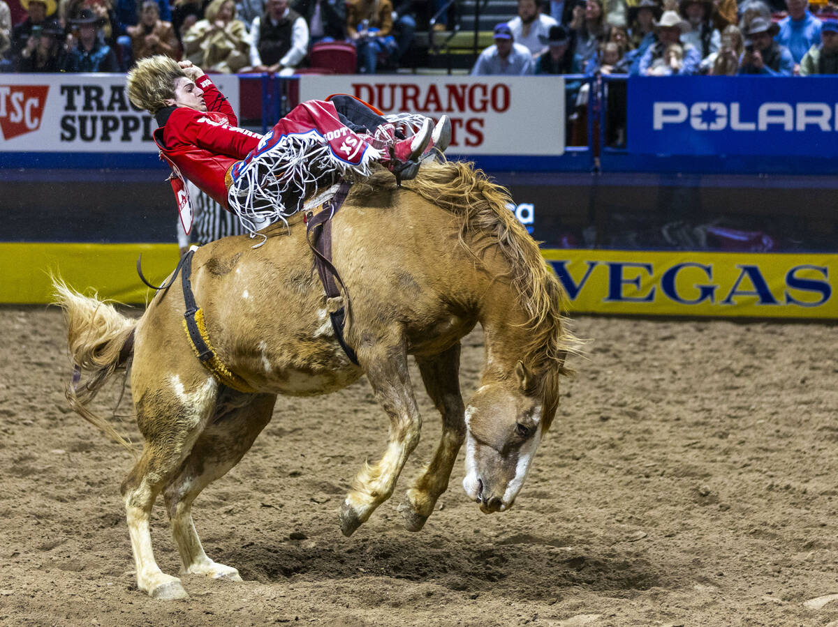 Rocker Steiner catches some air on re-ride in Bareback Riding during Day 6 of National Finals R ...