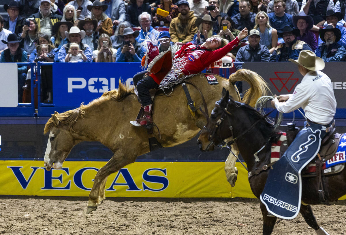 Rocker Steiner catches some air on re-ride in Bareback Riding during Day 6 of National Finals R ...