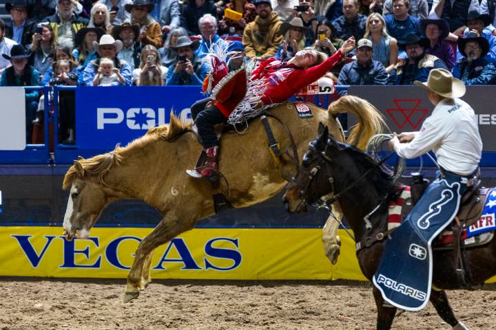 Rocker Steiner catches some air on re-ride in Bareback Riding during Day 6 of National Finals R ...