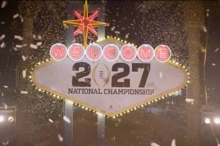 The "Welcome to Fabulous Las Vegas" sign transformed to announce Allegiant Stadium will host th ...