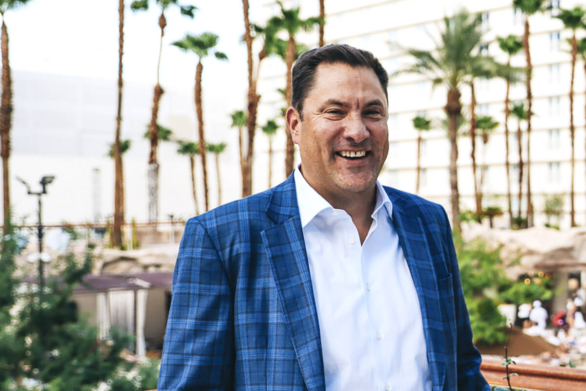 Virgin Hotels Las Vegas president Cliff Atkinson, left, shares a laugh with Las Vegas Review-Jo ...