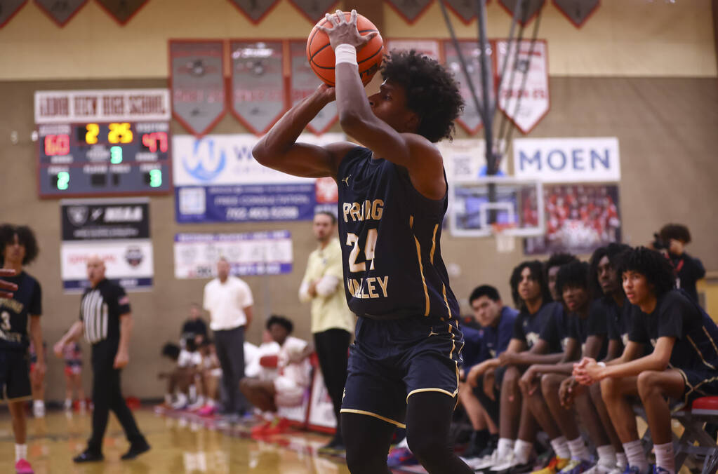 Spring Valley guard Dwayne Benson (24) shoots against Arbor View during the second half of a ba ...