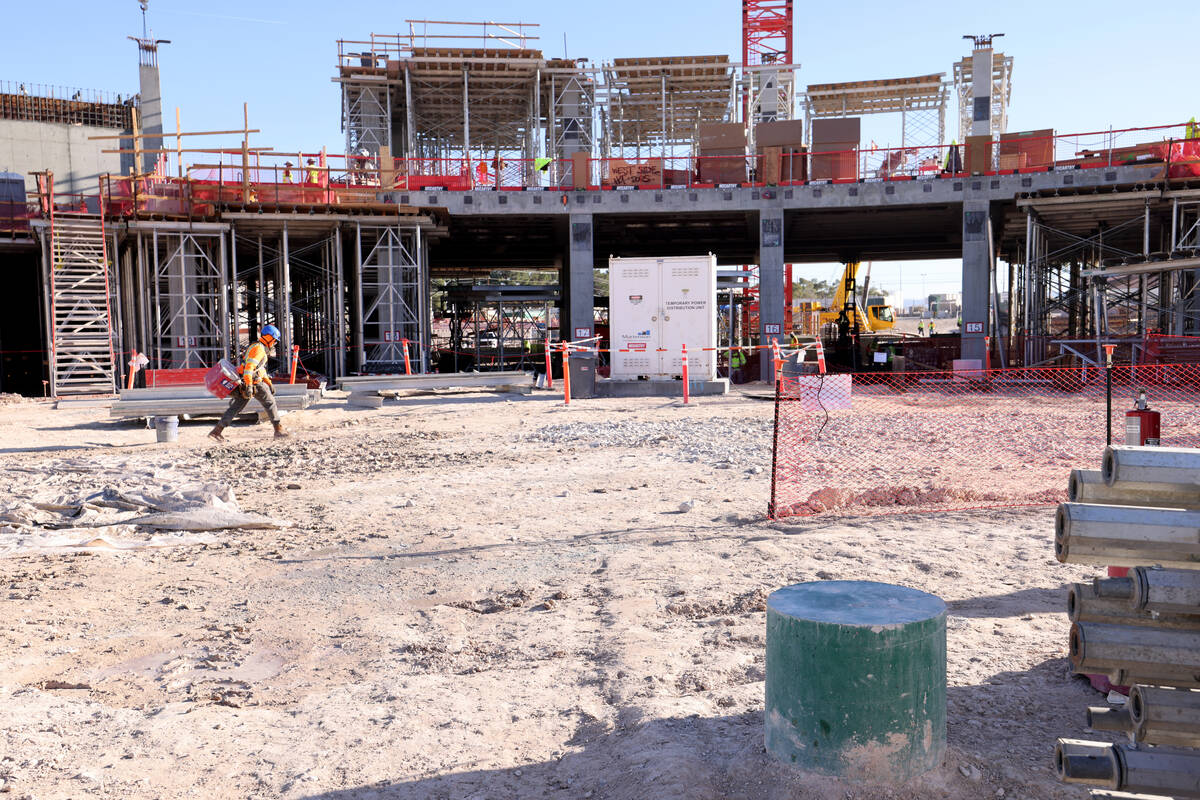 An Athletics green concrete cylinder marks home plate as construction continues on the A&#x2019 ...