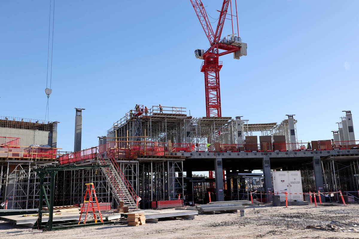 Construction continues on the Athletics ballpark at the former Tropicana site on the Strip in L ...