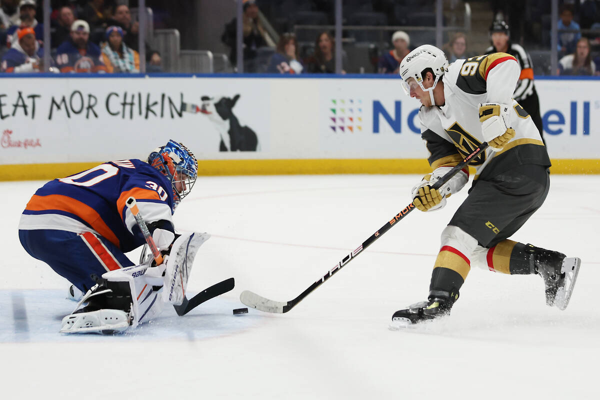 New York Islanders goaltender Ilya Sorokin makes a save against Vegas Golden Knights' Mitc ...