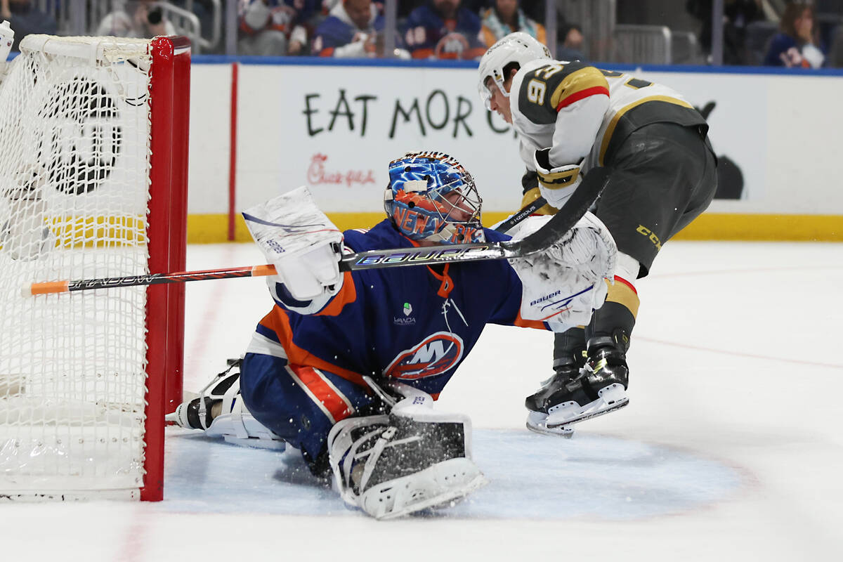New York Islanders goaltender Ilya Sorokin makes a save against Vegas Golden Knights' Mitc ...