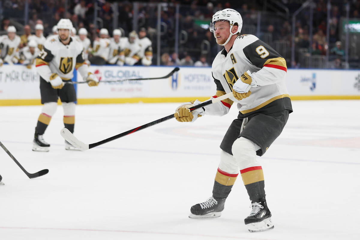 Vegas Golden Knights' Jack Eichel (9) looks on after making a pass during the third period ...