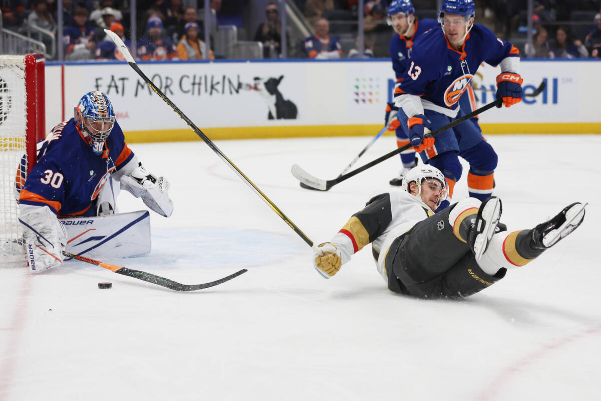 New York Islanders goaltender Ilya Sorokin (30) is called for a penalty for tripping Vegas Gold ...