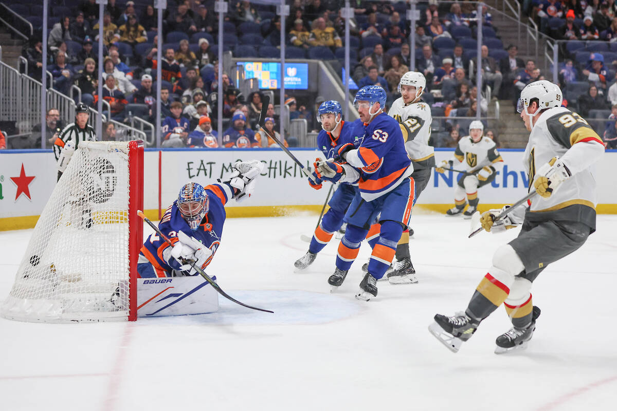 New York Islanders goaltender Ilya Sorokin (30) watches the puck go through the net after a goa ...